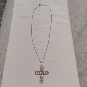 Silver Necklace with Pink Cross Pendant - Women Jewelry